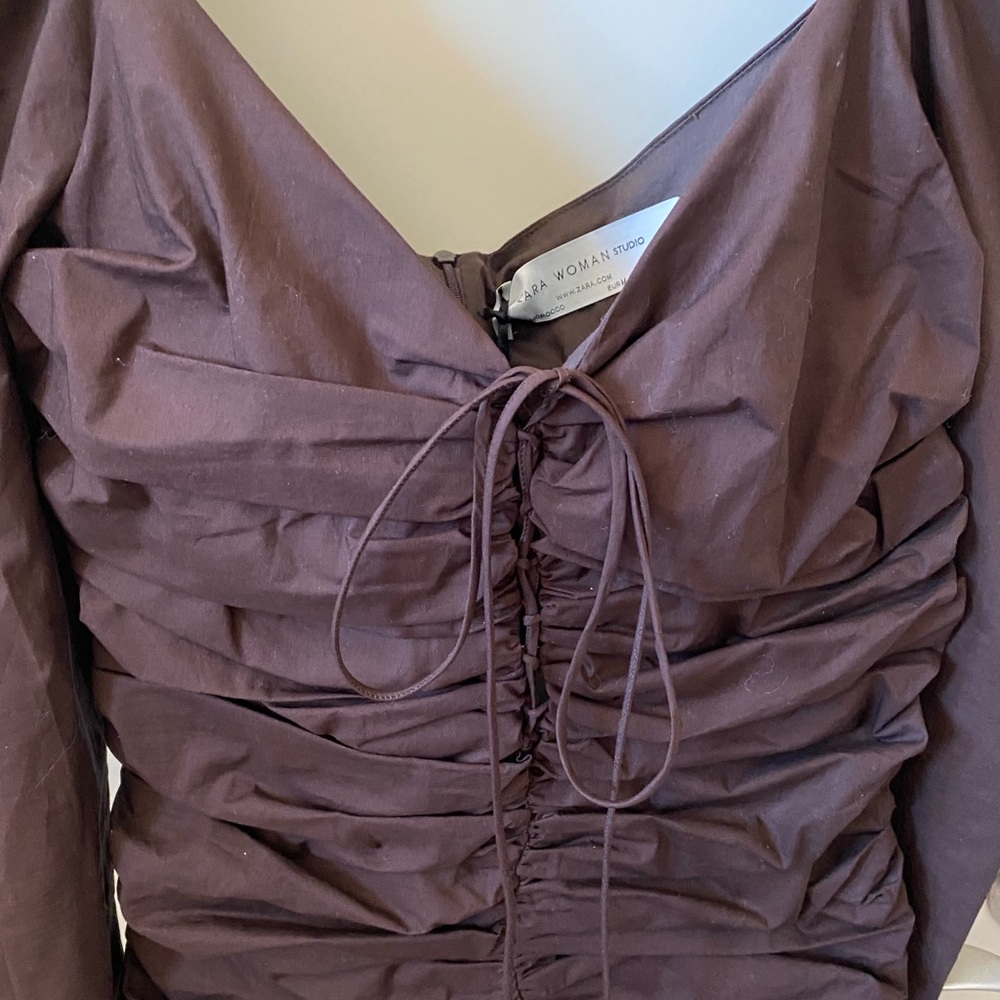 ZARA CHOCOLATE RUCHED MINI DRESS - Picture 3 of 6